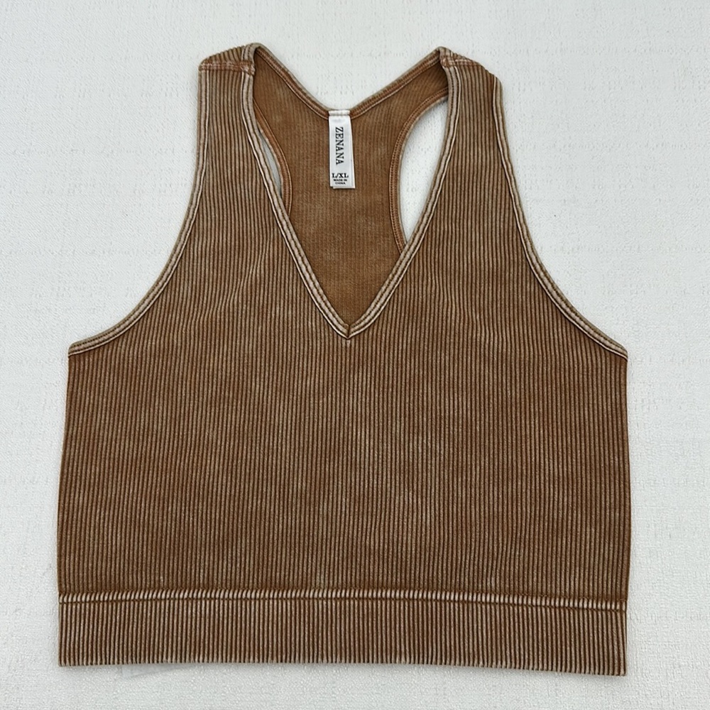 Deep Camel Stone Washed Cropped Ribbed Racerback Tank by Zenana - Picture 7 of 9